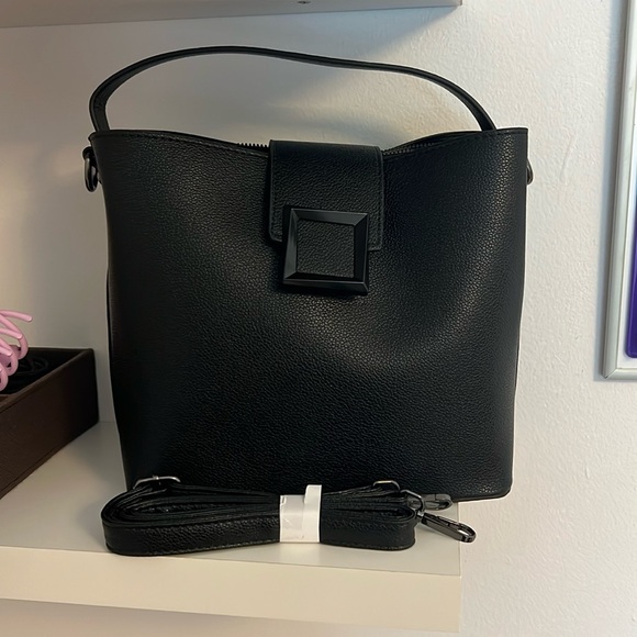 Handbags - Black Faux Leather Purse with Crossbody Strap